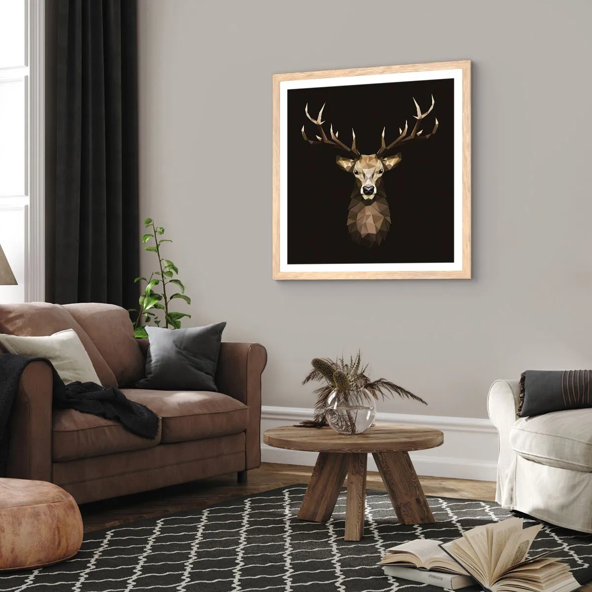 Plakat i ramme af lyst egetræ - Kubistisk hjort - 60x60 cm