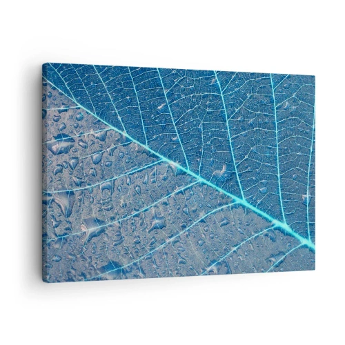 Lærredstryk - Billede på lærred - Et blad i blå nuancer med vanddråber - 70x50cm - Livet i det blå - Moderne vægdekoration til stue og soveværelse ARTTOR