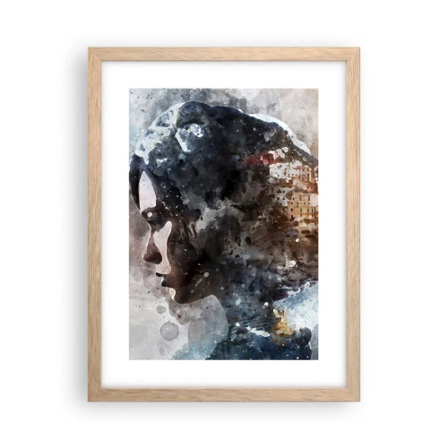 Plakat i ramme af lyst egetræ - Historien om en pige med en by i baggrunden - 30x40 cm