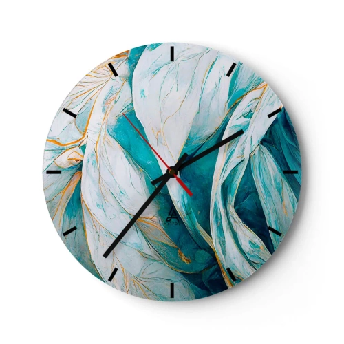 Vægur, Uret - Gyldne linjer på en blå og hvid baggrund med en blød tekstur. - 30x30cm - Blå abstraktion med et guldmotiv - Moderne vægdekoration til stue, køkken og soveværelse ARTTOR