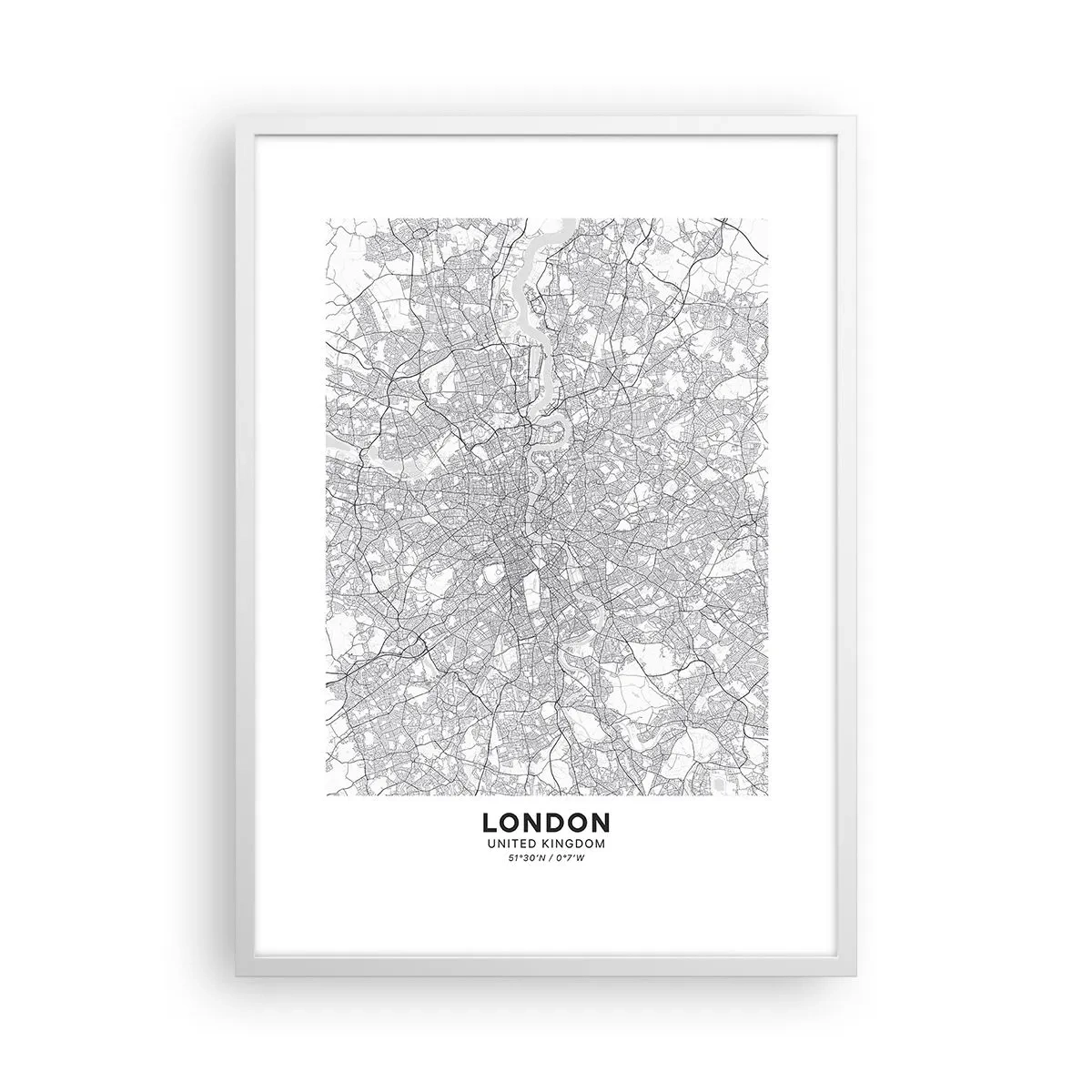 Plakat i hvid ramme - Kort over Londons labyrint - 50x70 cm