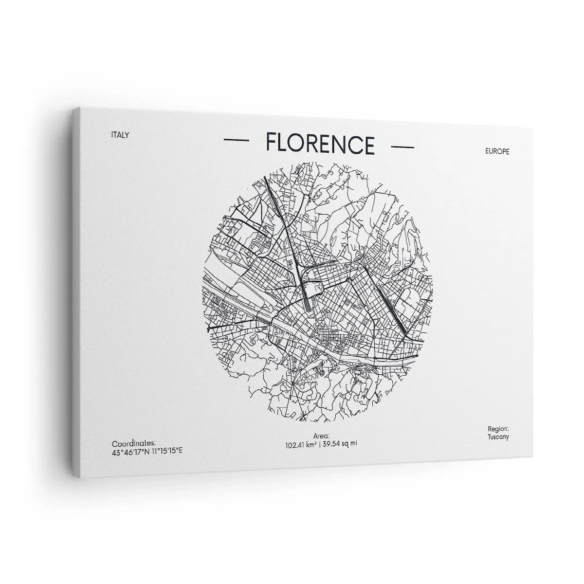 Lærredstryk - Billede på lærred - Et kort over Firenze i minimalistisk sort-hvid stil - 70x50cm - Anatomi af Firenze - Moderne vægdekoration til stue og soveværelse ARTTOR