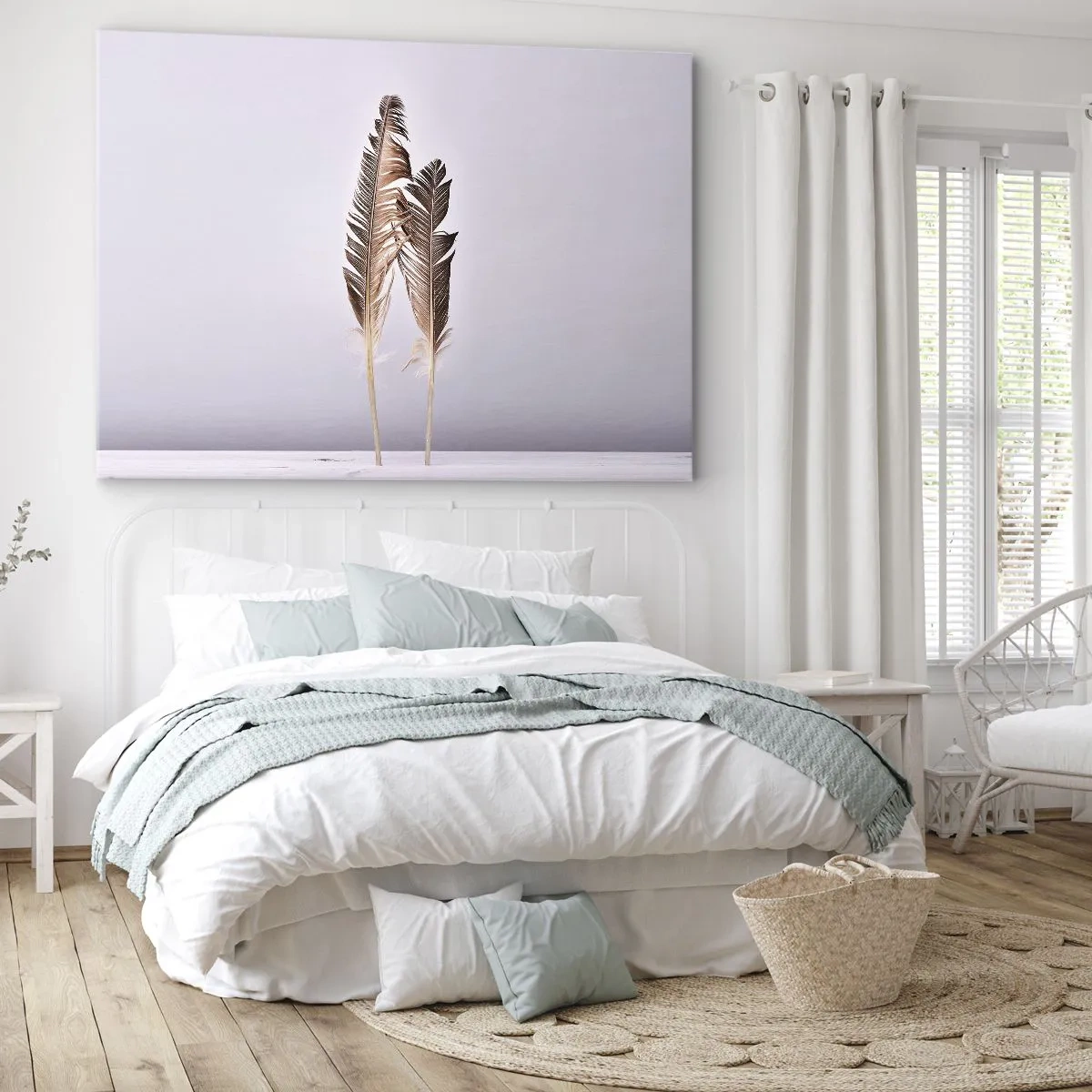 Lærredstryk - Billede på lærred - Fine fjer på en lys baggrund i minimalistisk stil - 70x50cm - Mod intetheden - Moderne vægdekoration til stue og soveværelse ARTTOR