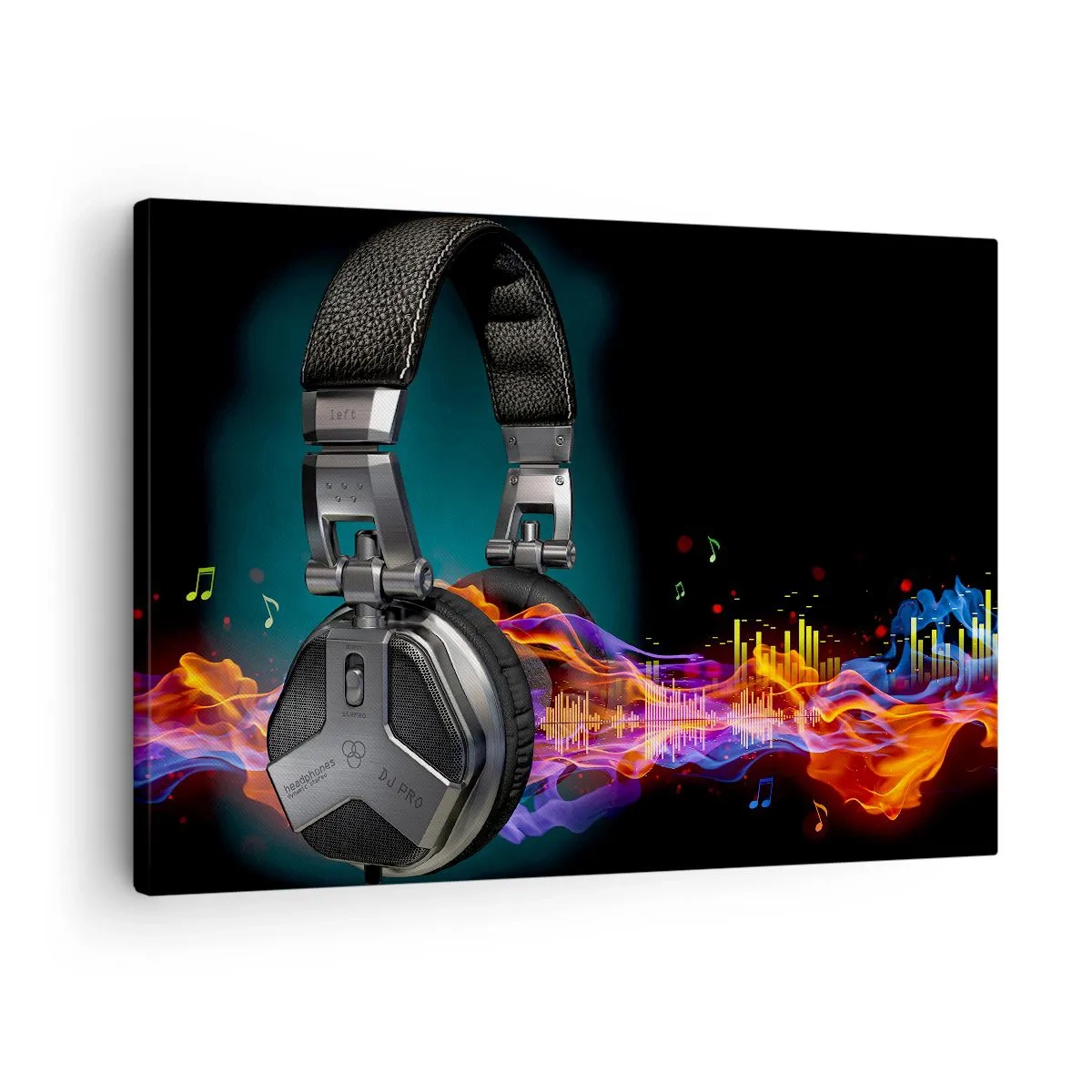 Lærredstryk - Billede på lærred - Sorte hovedtelefoner med en farverig musikvisualiseringseffekt - 70x50cm - I musikkens varme - Moderne vægdekoration til stue og soveværelse ARTTOR