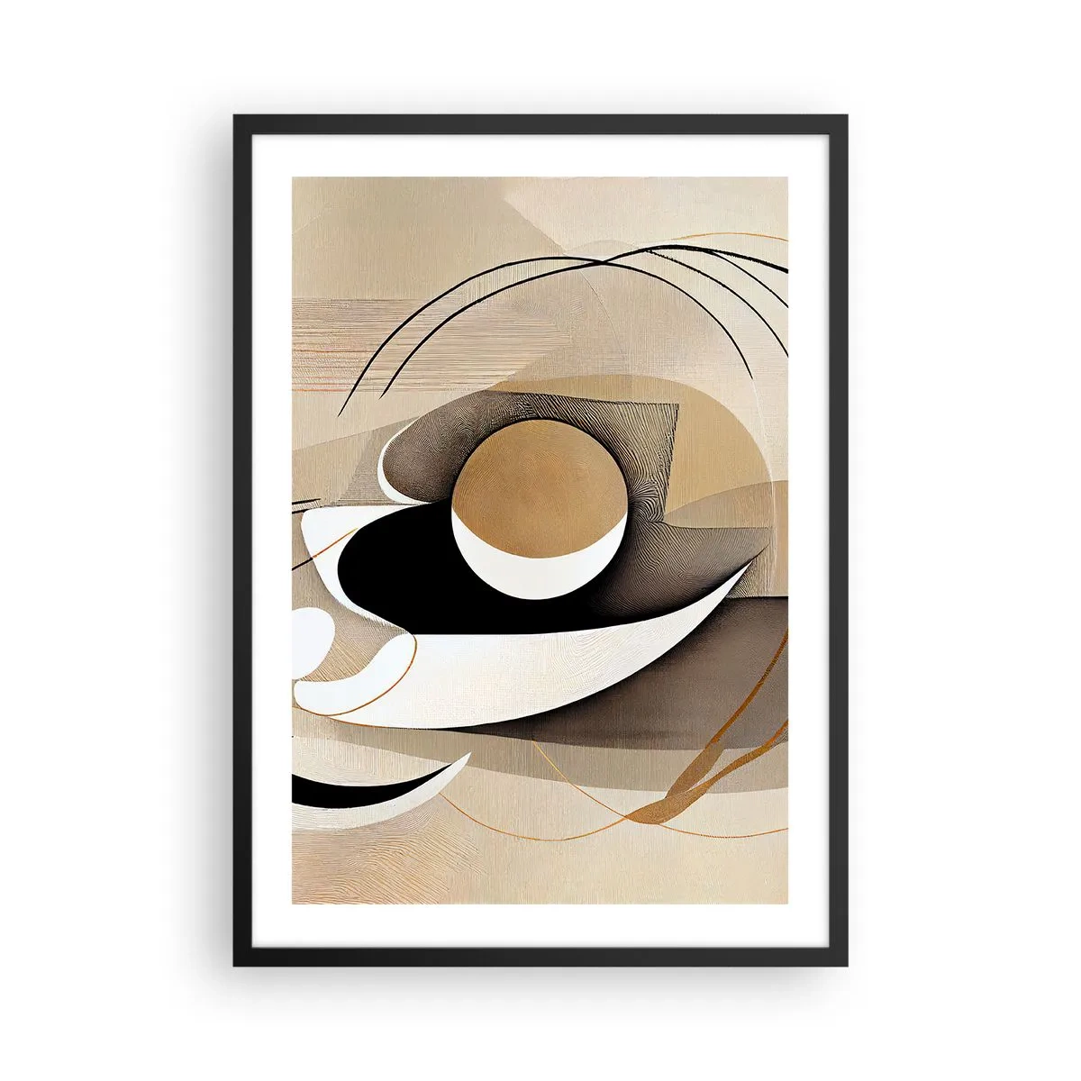 Plakat i sort ramme - Minimalistisk abstraktion i beige og sorte nuancer - 50x70cm - Komposition: essensen af ting - Moderne vægdekoration til stue og soveværelse ARTTOR