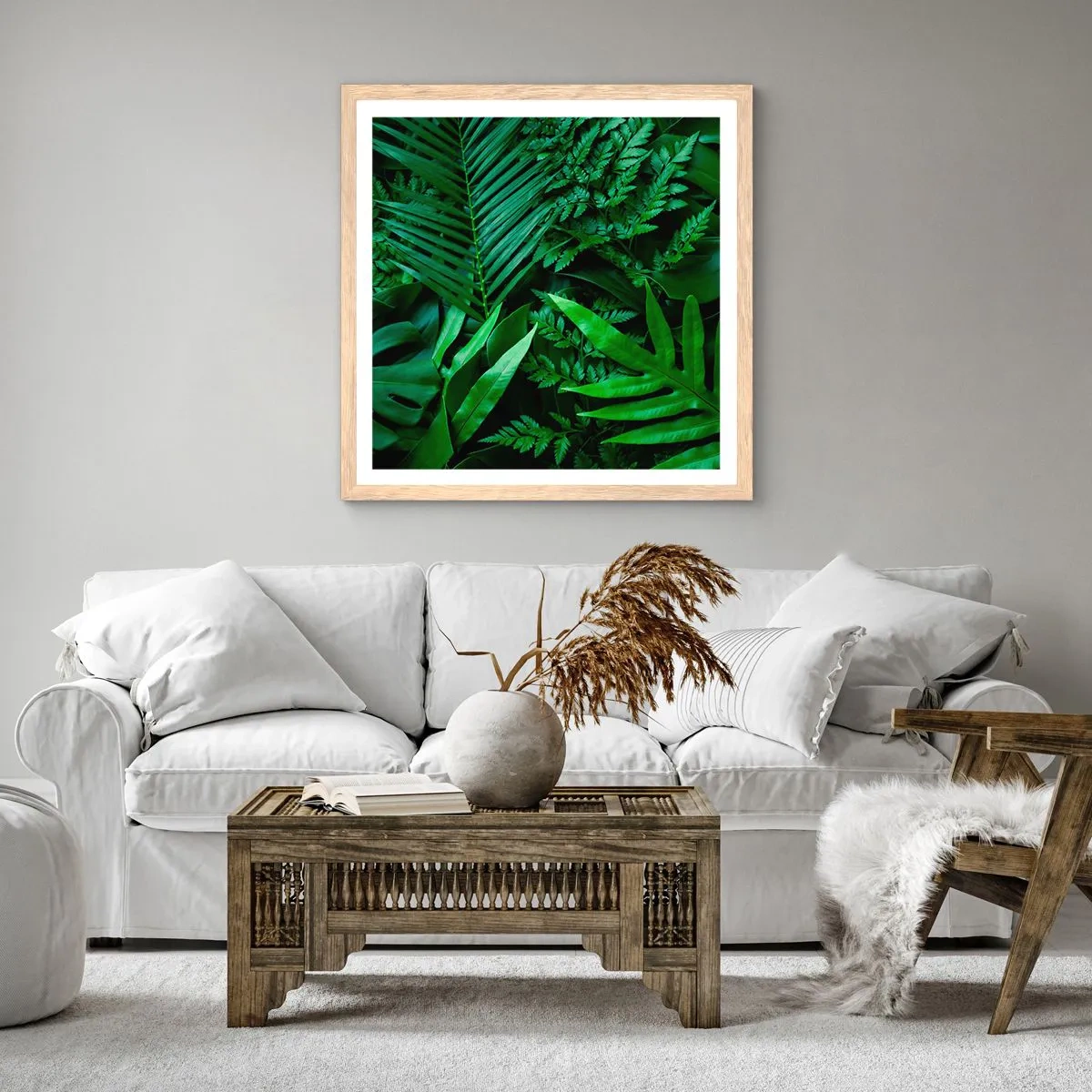 Plakat i ramme af lyst egetræ - Kranset i grønt - 50x50 cm