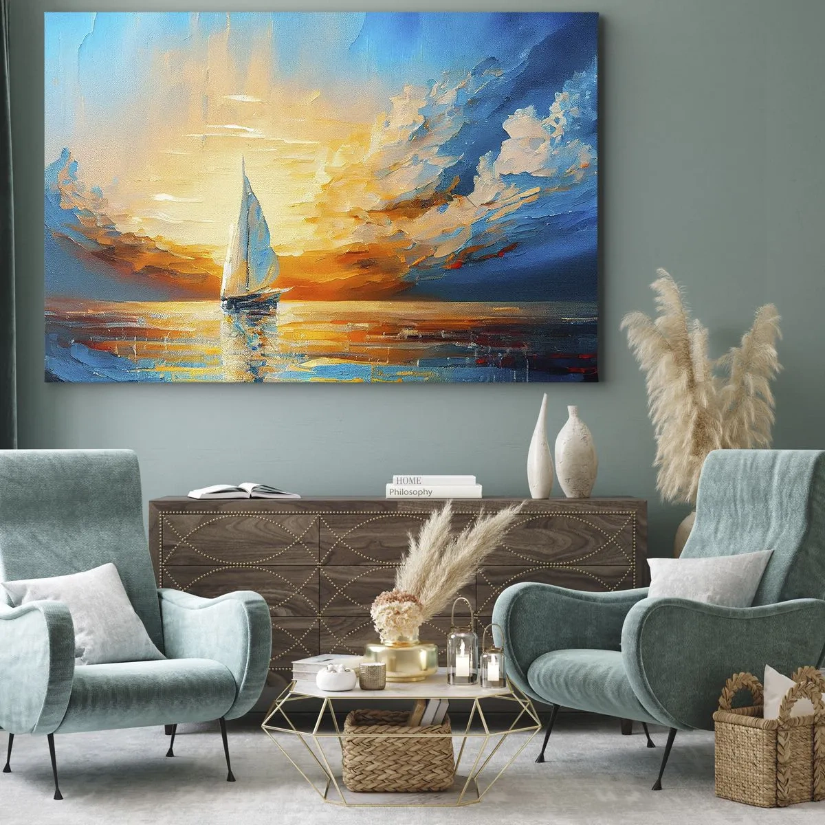 Lærredstryk - Billede på lærred - En sejlbåd mod en baggrund af den nedgående sol og farverige skyer - 70x50cm - Sejler i guld - Moderne vægdekoration til stue og soveværelse ARTTOR