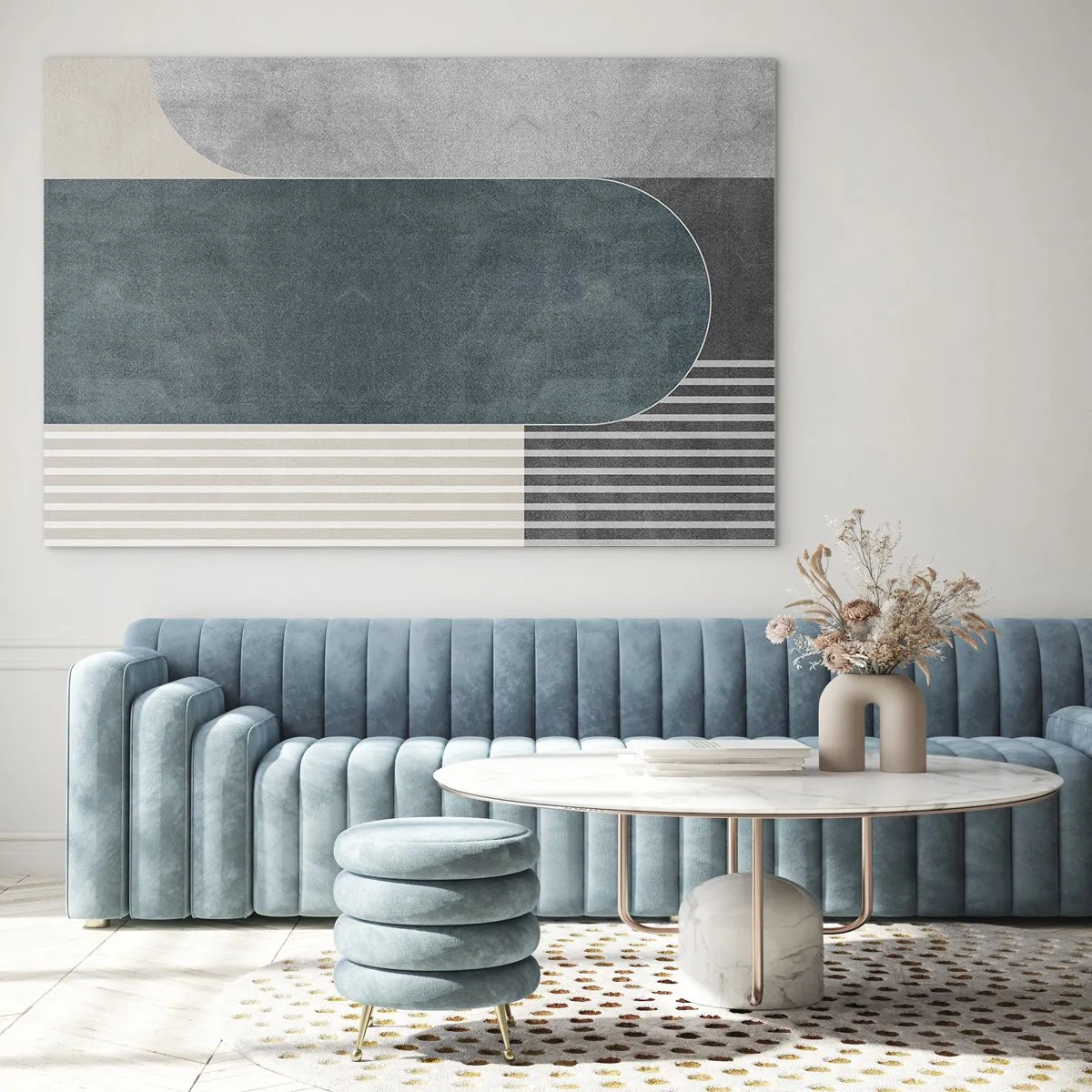 Billede på glas - Geometrisk form i nuancer af grå, beige og grøn - 70x50cm - Horisontal komposition - Moderne vægdekoration til stue og soveværelse ARTTOR