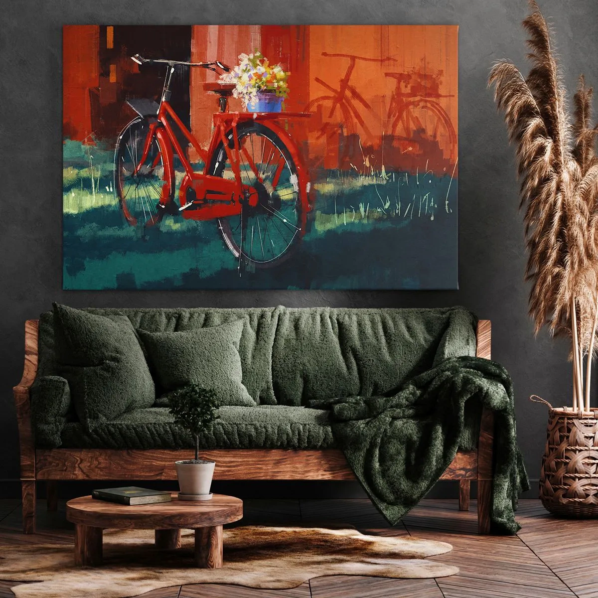 Lærredstryk - Billede på lærred - En rød cykel med blomster mod en orange væg - 70x50cm - I want to ride my bicycle - Moderne vægdekoration til stue og soveværelse ARTTOR