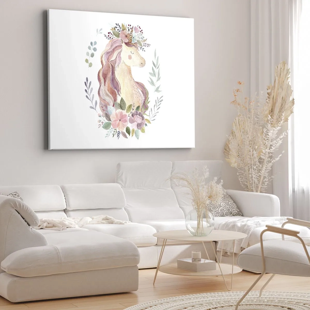 Lærredstryk - Billede på lærred - En enhjørning i pastelfarver omgivet af blomster - 70x50cm - En invitation til eventyrets verden - Moderne vægdekoration til stue og soveværelse ARTTOR