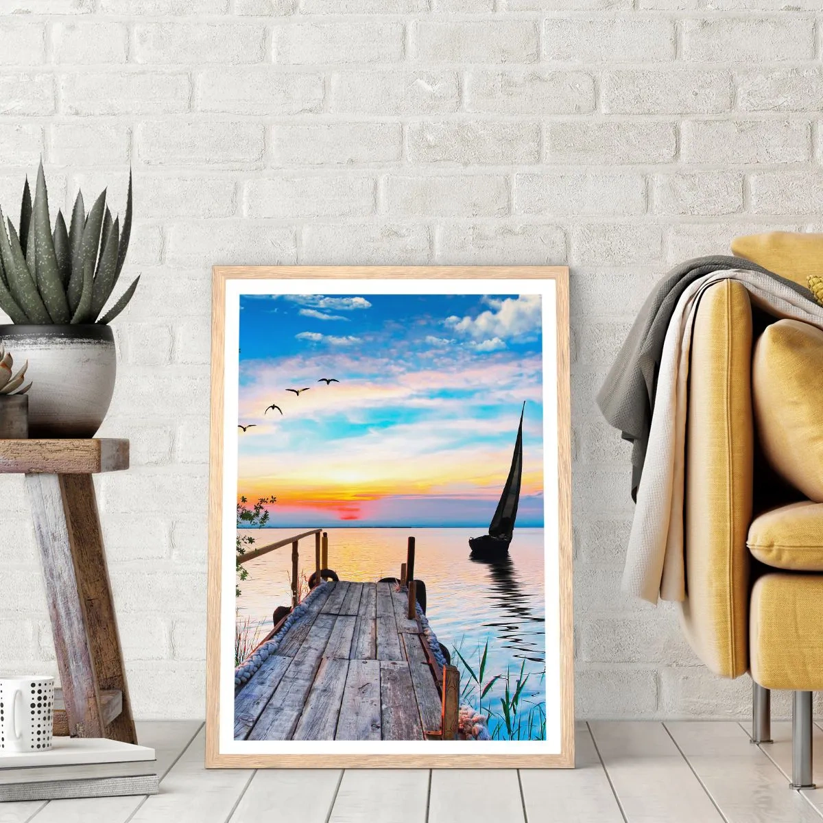 Plakat i ramme af lyst egetræ - Godaften - 70x100 cm