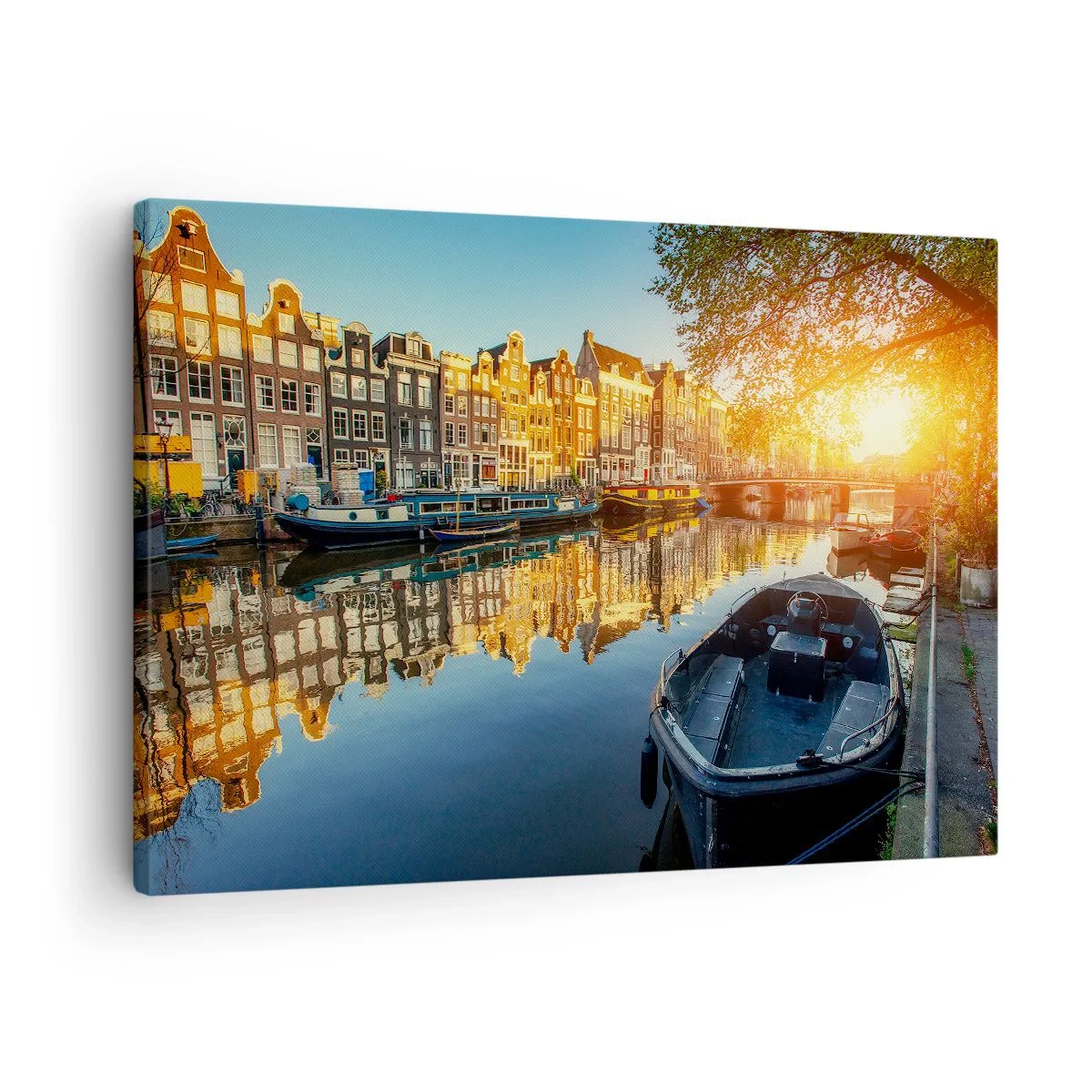 Lærredstryk - Billede på lærred - Amsterdam-kanalen ved solnedgang - 70x50cm - Morgen i Amsterdam - Moderne vægdekoration til stue og soveværelse ARTTOR