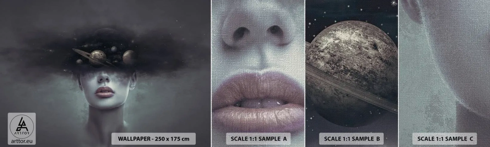 Prøve Fototapet Premium Canvas - Og planeterne er ved at gå amok... - Abstraktion, Kvindens ansigt, Kosmos - 100x30 cm