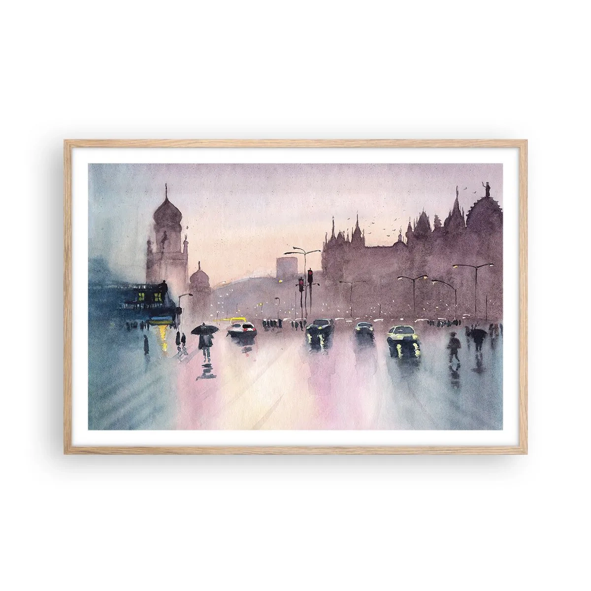 Plakat i ramme af lyst egetræ - I en regnfuld tåge - 91x61 cm