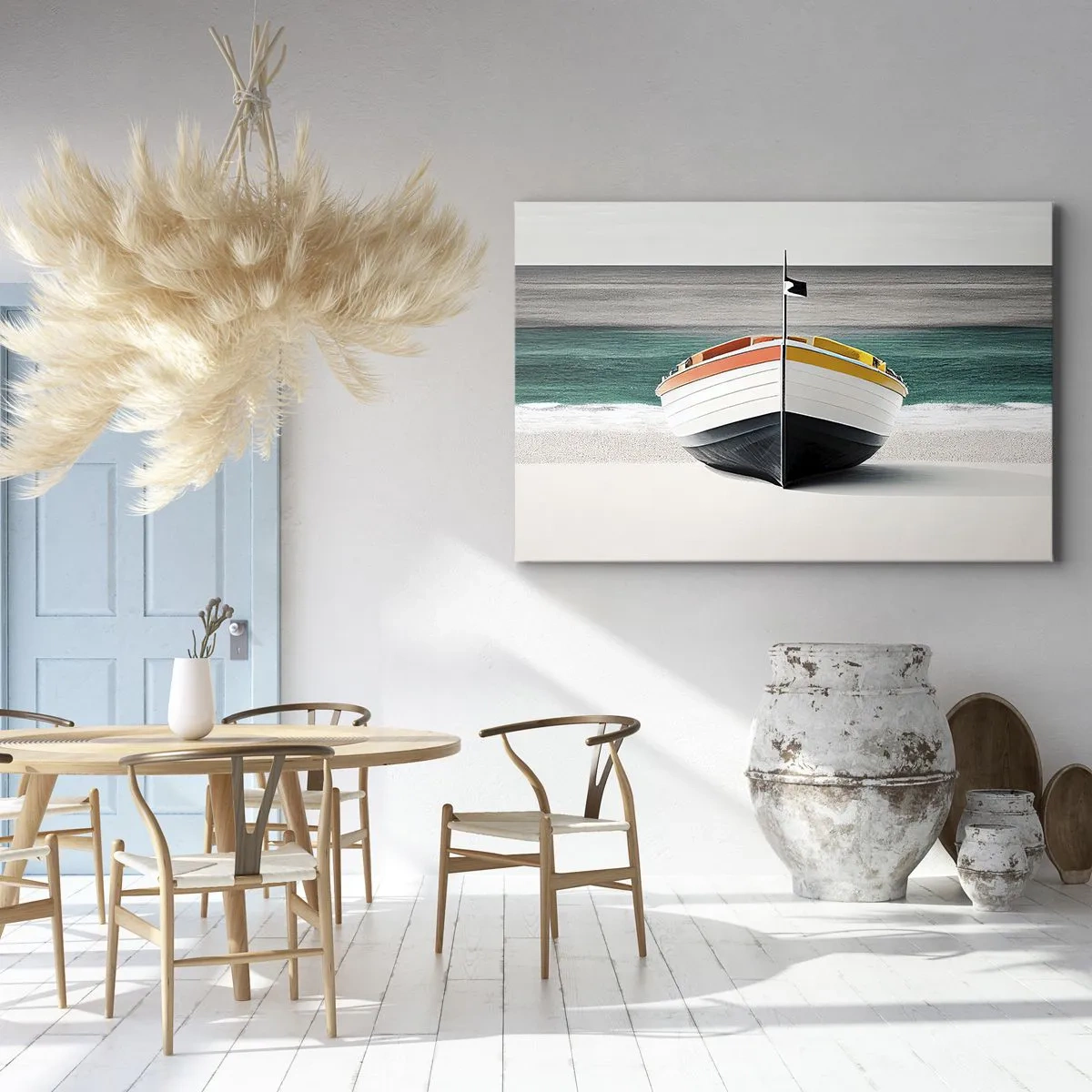 Lærredstryk - Billede på lærred - En båd på stranden med et turkisblåt hav i baggrunden - 70x50cm - På sin plads - Moderne vægdekoration til stue og soveværelse ARTTOR