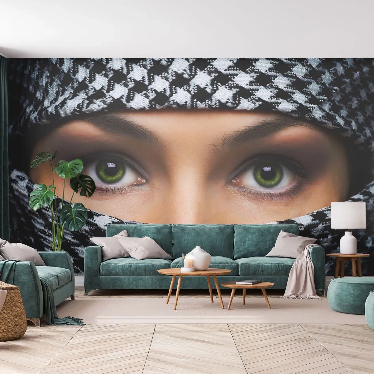 Fototapet Premium Canvas - Et portræt af en sur grønøjede skønhed med grønne øjne - Kvinde, Øjne, Kultur - 450x315 cm