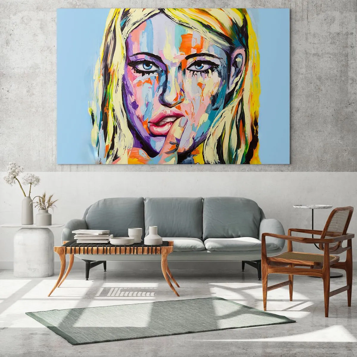 Billede på glas - Et farverigt portræt af en kvinde med et tankefuldt udtryk - 70x50cm - Se hende lige i øjnene - Moderne vægdekoration til stue og soveværelse ARTTOR