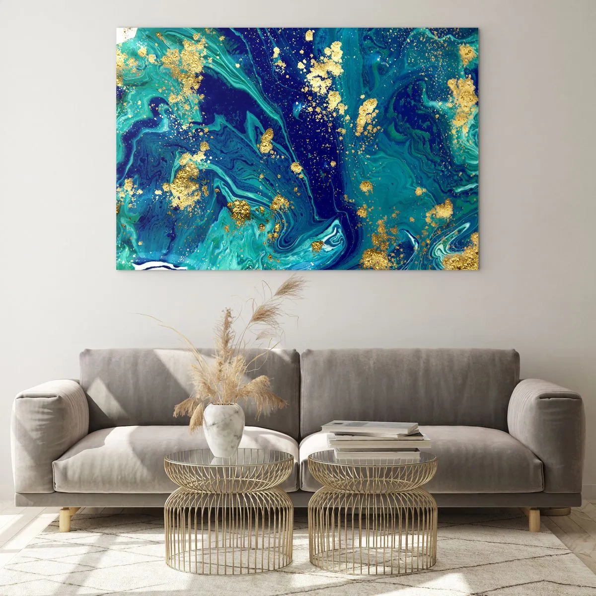 Billede på glas - Et abstrakt mønster i nuancer af turkis og marineblå med gulddetaljer - 70x50cm - Solblade - Moderne vægdekoration til stue og soveværelse ARTTOR