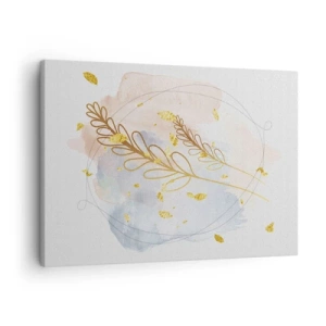 Lærredstryk - Billede på lærred - Et delikat gyldent bladmotiv på en pastelbaggrund med akvareldetaljer. - 70x50cm - En gylden eksplosion - Moderne vægdekoration til stue og soveværelse ARTTOR