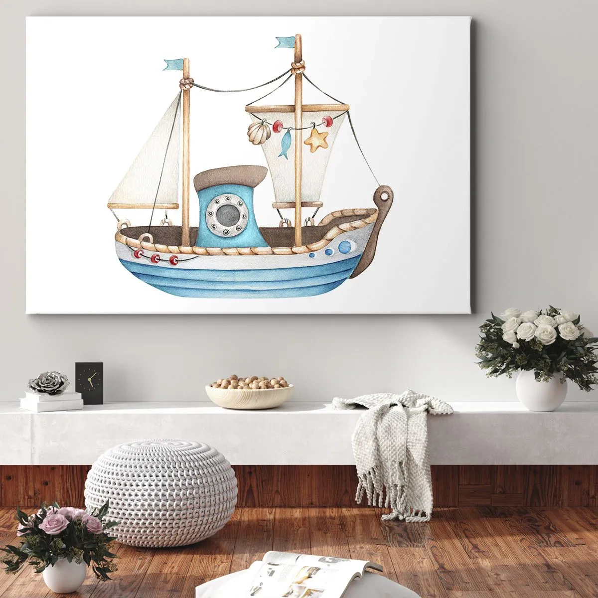 Lærredstryk - Billede på lærred - Illustration af et skib i pastelfarver på en hvid baggrund - 70x50cm - Ohøj, eventyr! - Moderne vægdekoration til stue og soveværelse ARTTOR