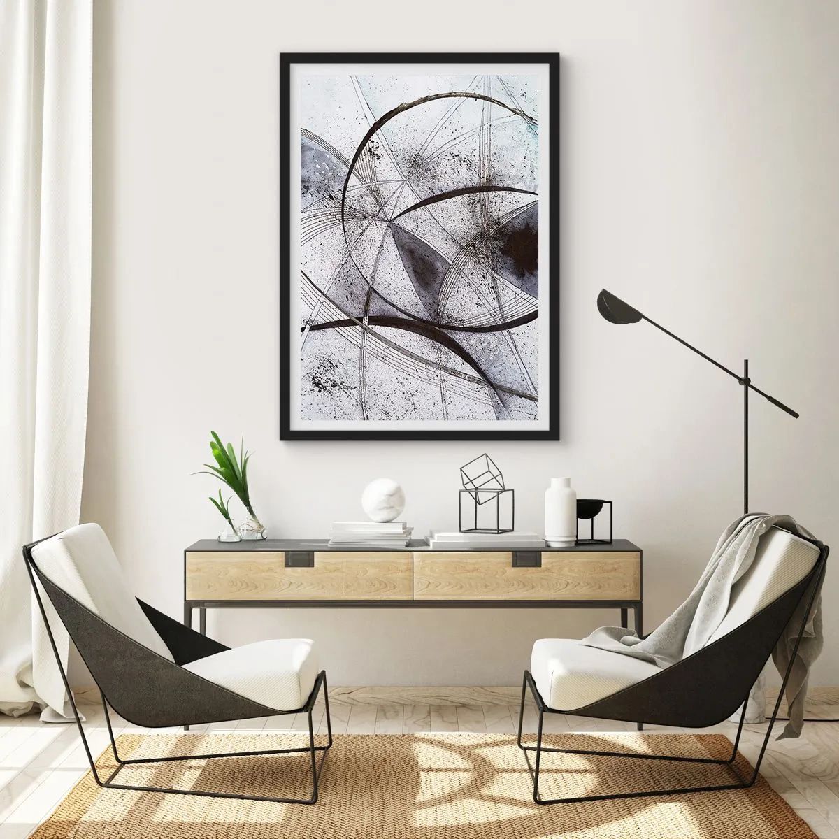 Plakat i sort ramme - Abstrakt komposition af geometriske linjer og cirkler - 50x70cm - Futuristisk fantasi - Moderne vægdekoration til stue og soveværelse ARTTOR