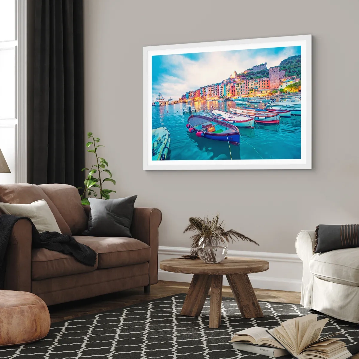 Plakat i hvid ramme - En farverig aften i havnen - 50x40 cm