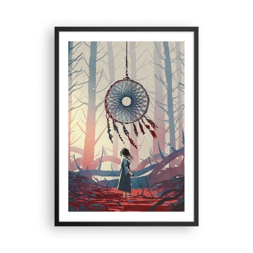 Plakat i sort ramme - En figur i skoven med en drømmefanger mod en pastelfarvet baggrund. - 50x70cm - Det hemmelige ritual for lykke - Moderne vægdekoration til stue og soveværelse ARTTOR
