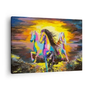 Lærredstryk - Billede på lærred - Farverige heste galoperer mod baggrunden af den nedgående sol - 70x50cm - Nedsænket i regnbuen - Moderne vægdekoration til stue og soveværelse ARTTOR