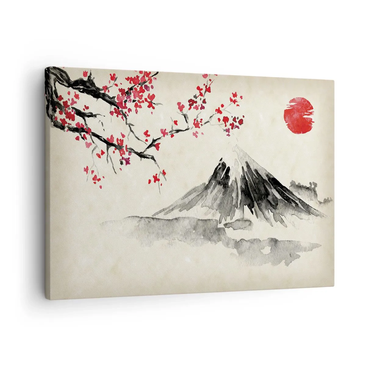 Lærredstryk - Billede på lærred - Et malerisk landskab med et bjerg, kirsebærblomster og solskin - 70x50cm - Bliv forelsket i Japan - Moderne vægdekoration til stue og soveværelse ARTTOR