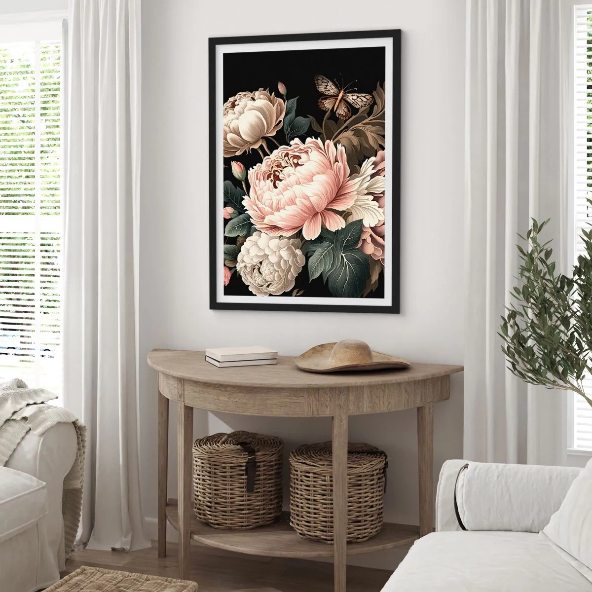 Plakat i sort ramme - Elegante pæoner og en sommerfugl på en sort baggrund - 50x70cm - I barok stil - Moderne vægdekoration til stue og soveværelse ARTTOR