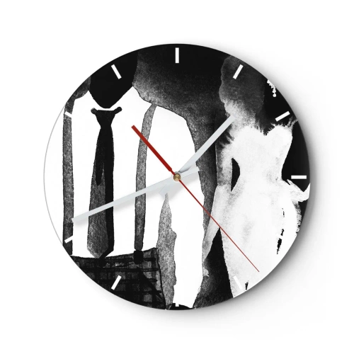 Vægur, Uret - Silhuetter af en kvinde og en mand i en sort-hvid noir-atmosfære - 30x30cm - I en noir-atmosfære - Moderne vægdekoration til stue, køkken og soveværelse ARTTOR