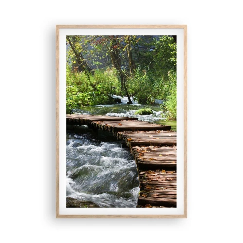 Plakat i ramme af lyst egetræ - Over en skummende kaskade - 61x91 cm