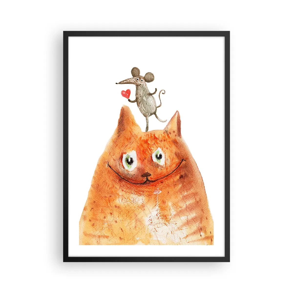 Plakat i sort ramme - En kat med en mus, der holder et hjerte på hovedet - 50x70cm - Kærlighedens paradokser - Moderne vægdekoration til stue og soveværelse ARTTOR