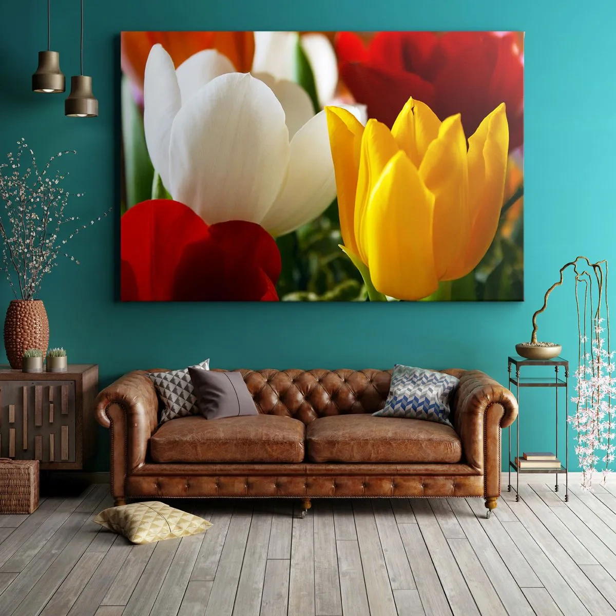 Lærredstryk - Billede på lærred - Nærbillede af farverige tulipaner mod en forårsbaggrund - 70x50cm - Tulipanfeber - Moderne vægdekoration til stue og soveværelse ARTTOR