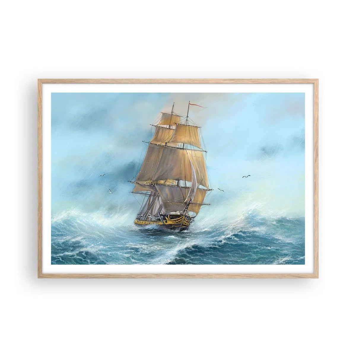 Plakat i ramme af lyst egetræ - Bølgende gennem bølgerne - 100x70 cm