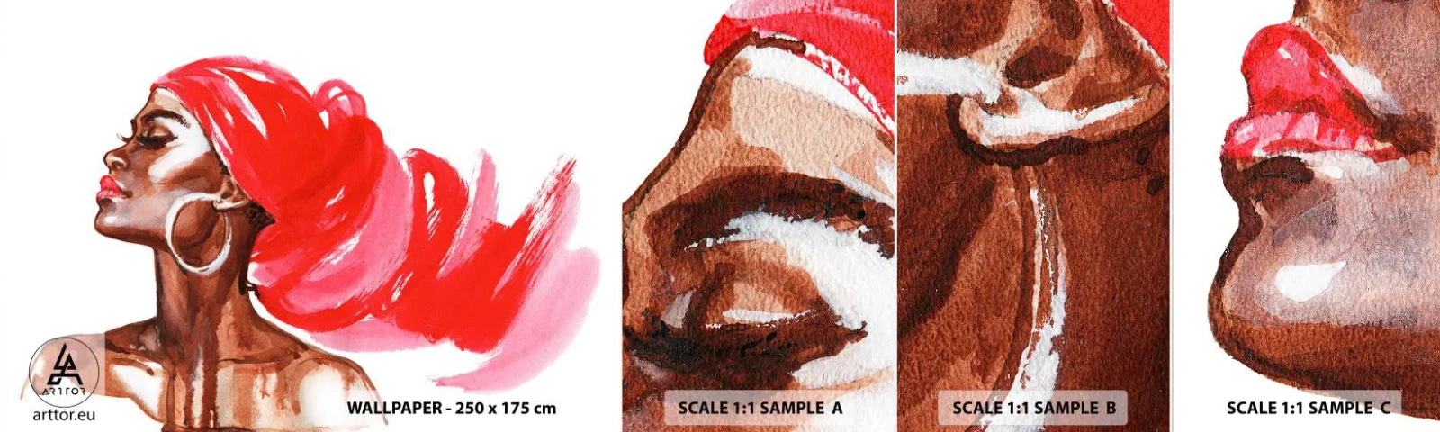 Prøve Fototapet Selvklæbende Deluxe Sticker - "Der er en vind, der blæser en mands næsebor op". - Portræt af en kvinde, Kvindens ansigt, Abstraktion - 100x30 cm