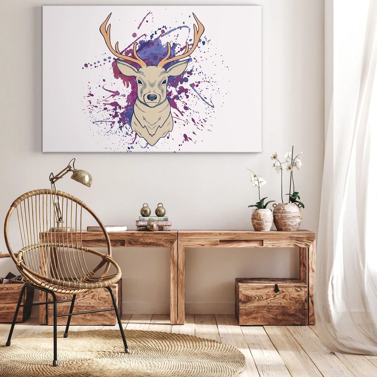 Lærredstryk - Billede på lærred - Portræt af en hjort med abstrakte pletter i baggrunden - 70x50cm - Mod og balance - Moderne vægdekoration til stue og soveværelse ARTTOR