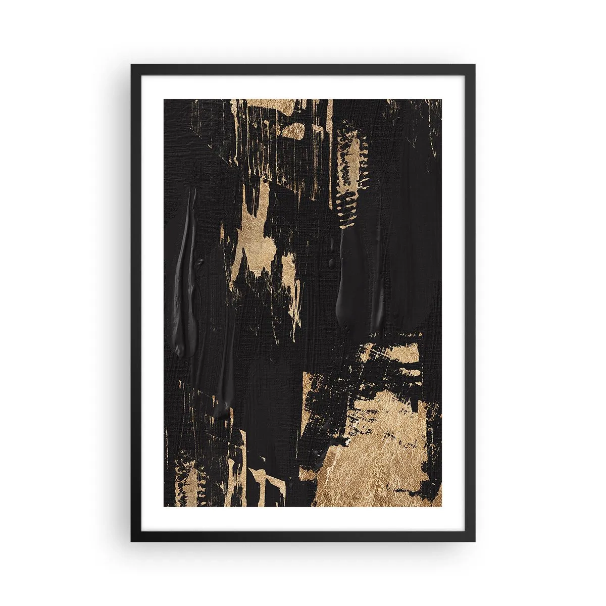 Plakat i sort ramme - Abstrakt malerikomposition i sort og guld - 50x70cm - Et spor af berøring - Moderne vægdekoration til stue og soveværelse ARTTOR