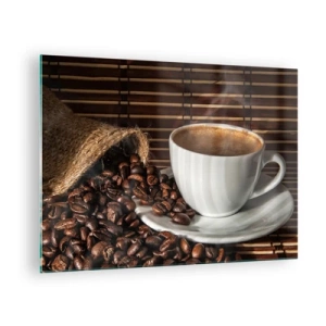 Billede på glas - En kop kaffe med bønner på en rustik baggrund - 70x50cm - Kulets sorthed, ravets gennemsigtighed - Moderne vægdekoration til stue og soveværelse ARTTOR