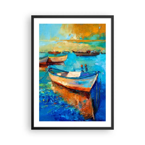 Plakat i sort ramme - Farverige både på vandet i impressionistisk stil - 50x70cm - I den sydlige bugt - Moderne vægdekoration til stue og soveværelse ARTTOR
