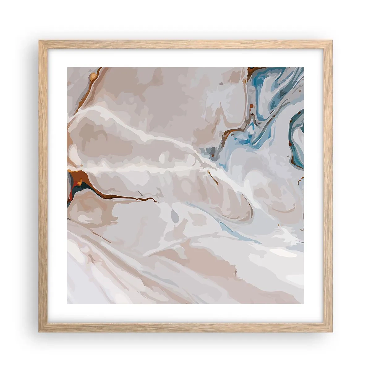 Plakat i ramme af lyst egetræ - Blå slynger sig under det hvide - 50x50 cm