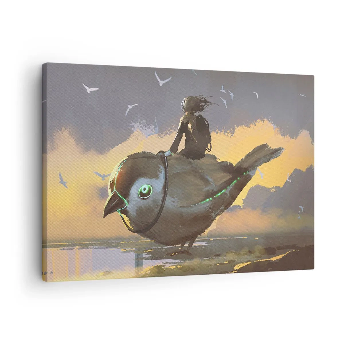 Lærredstryk - Billede på lærred - Rytter på en kæmpe fugl i et surrealistisk landskab - 70x50cm - Et stop på en fantastisk rejse - Moderne vægdekoration til stue og soveværelse ARTTOR