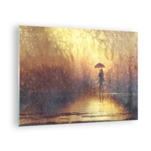 Billede på glas - En figur med en paraply i lyset af den nedgående sol og regn - 70x50cm - Jeg føler, at der er nogen, der kigger på mig - Moderne vægdekoration til stue og soveværelse ARTTOR