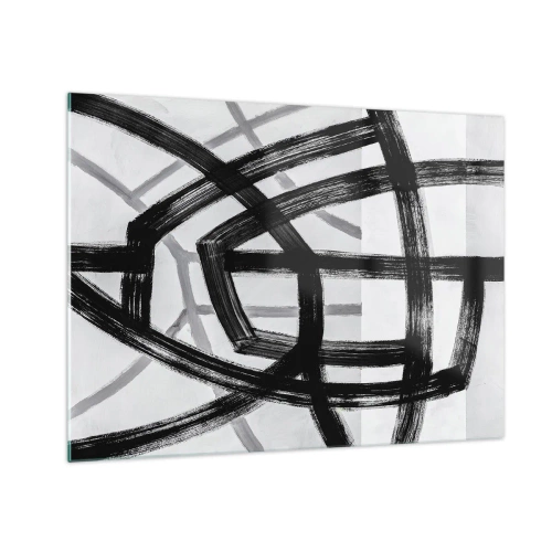 Billede på glas - Sorte og grå penselstrøg skaber et dynamisk netværk af linjer. - 70x50cm - Opbygning af dybde - Moderne vægdekoration til stue og soveværelse ARTTOR