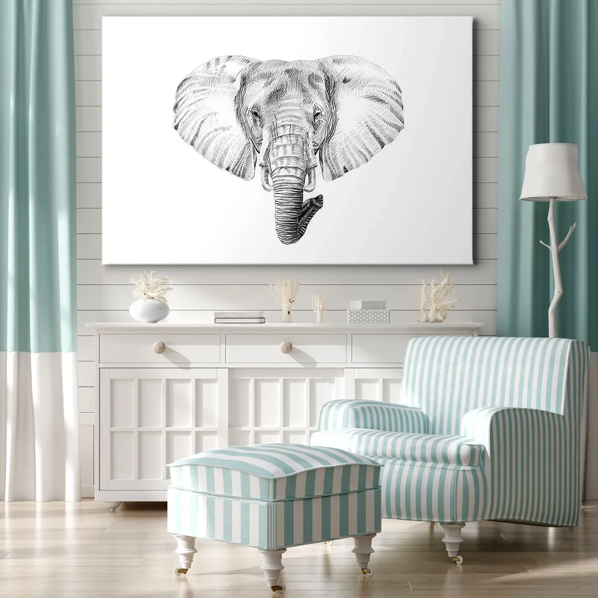 Lærredstryk - Billede på lærred - Sort-hvid tegning af et elefanthoved på en hvid baggrund - 70x50cm - "Der var en elefant, stor som - en elefant". - Moderne vægdekoration til stue og soveværelse ARTTOR