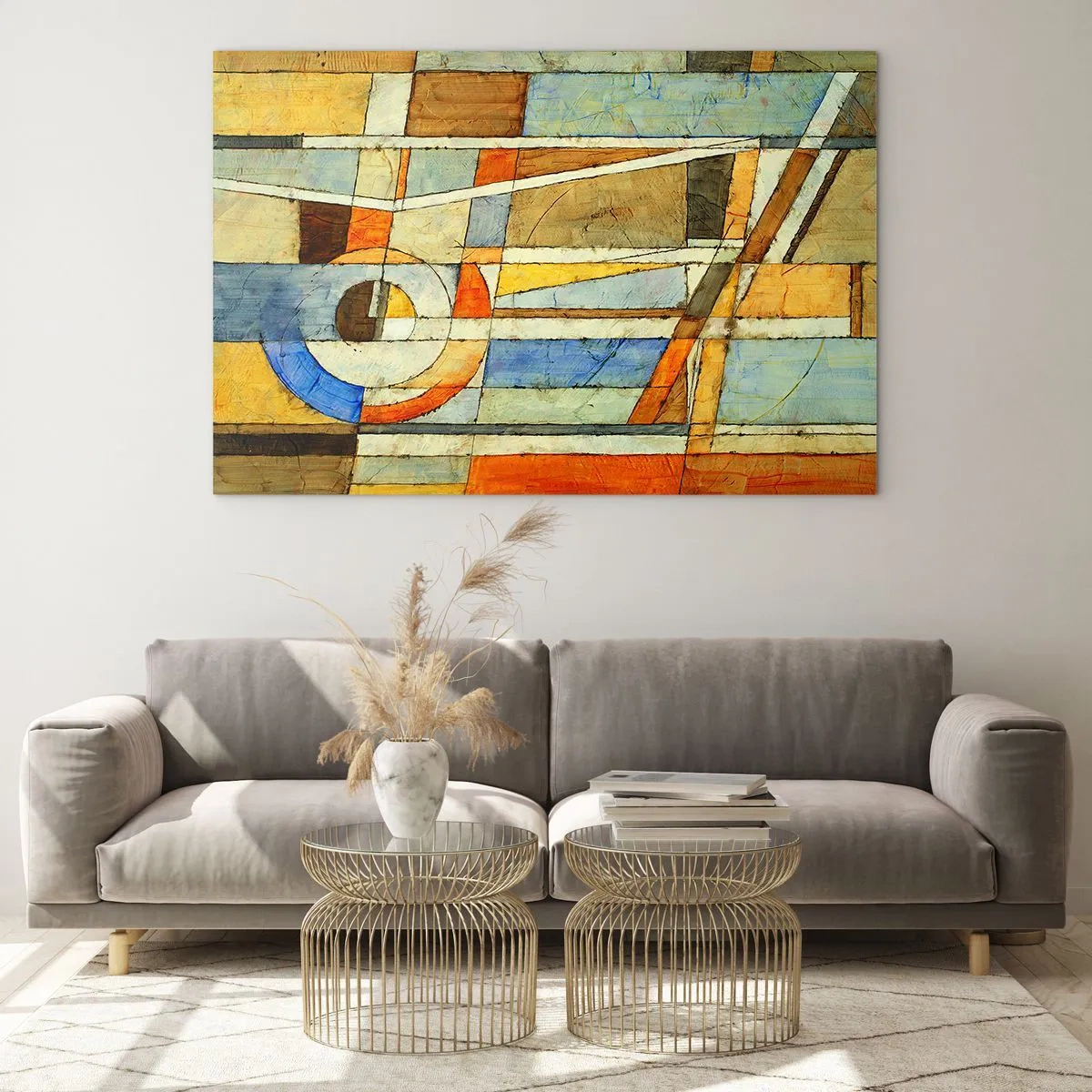 Billede på glas - En abstrakt komposition med geometriske mønstre og varme farver. - 70x50cm - Kubisme på en byggeplads - Moderne vægdekoration til stue og soveværelse ARTTOR