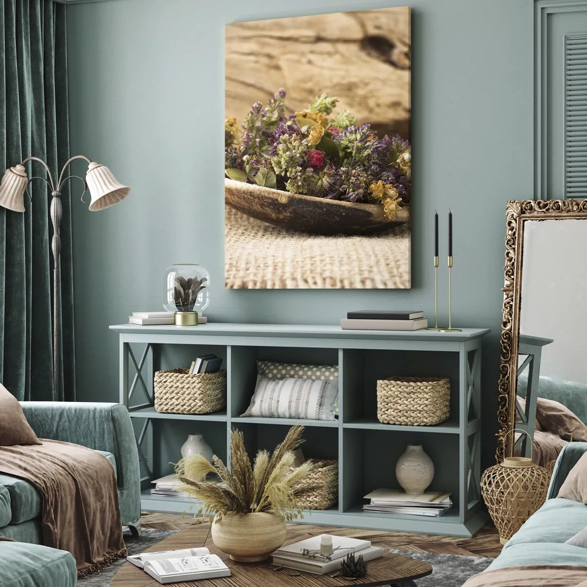 Lærredstryk - Billede på lærred - Farverige blomster og velduftende urter - 80x120 cm