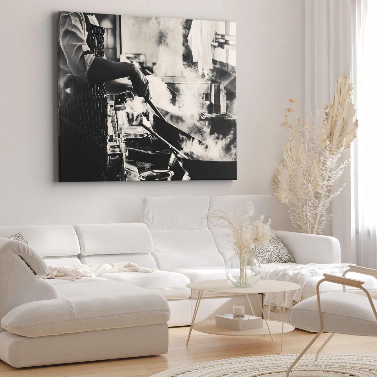 Lærredstryk - Billede på lærred - En kok på arbejde i køkkenet med damp, der stiger op fra en stegepande - 70x50cm - Smagernes alkymi - Moderne vægdekoration til stue og soveværelse ARTTOR