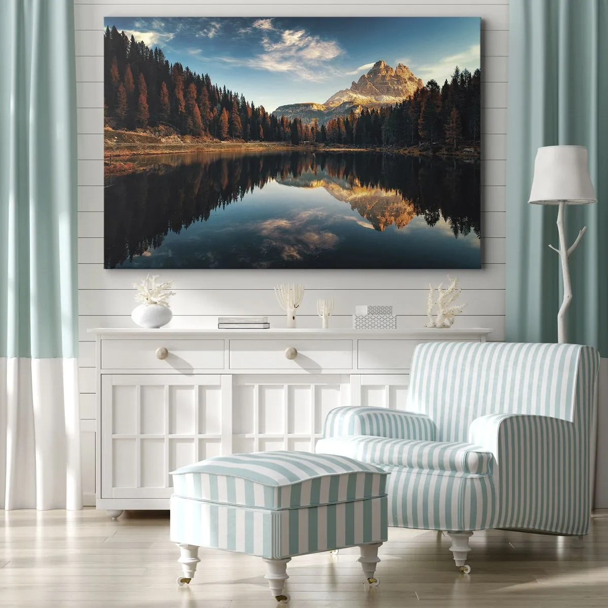 Lærredstryk - Billede på lærred - Bjerglandskab med sø og skov - 70x50cm - Dobbelt landskab - Moderne vægdekoration til stue og soveværelse ARTTOR