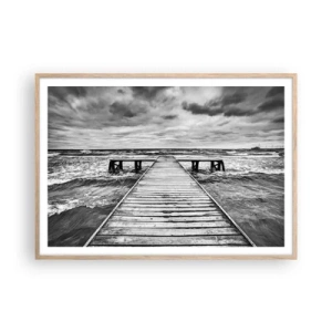 Plakat i ramme af lyst egetræ - Jeg venter på, at vinden blæser væk... - 100x70 cm